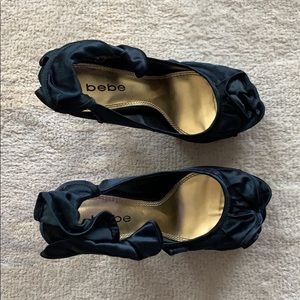 Bebe Black Peep Toe Satin Ruffle Pumps